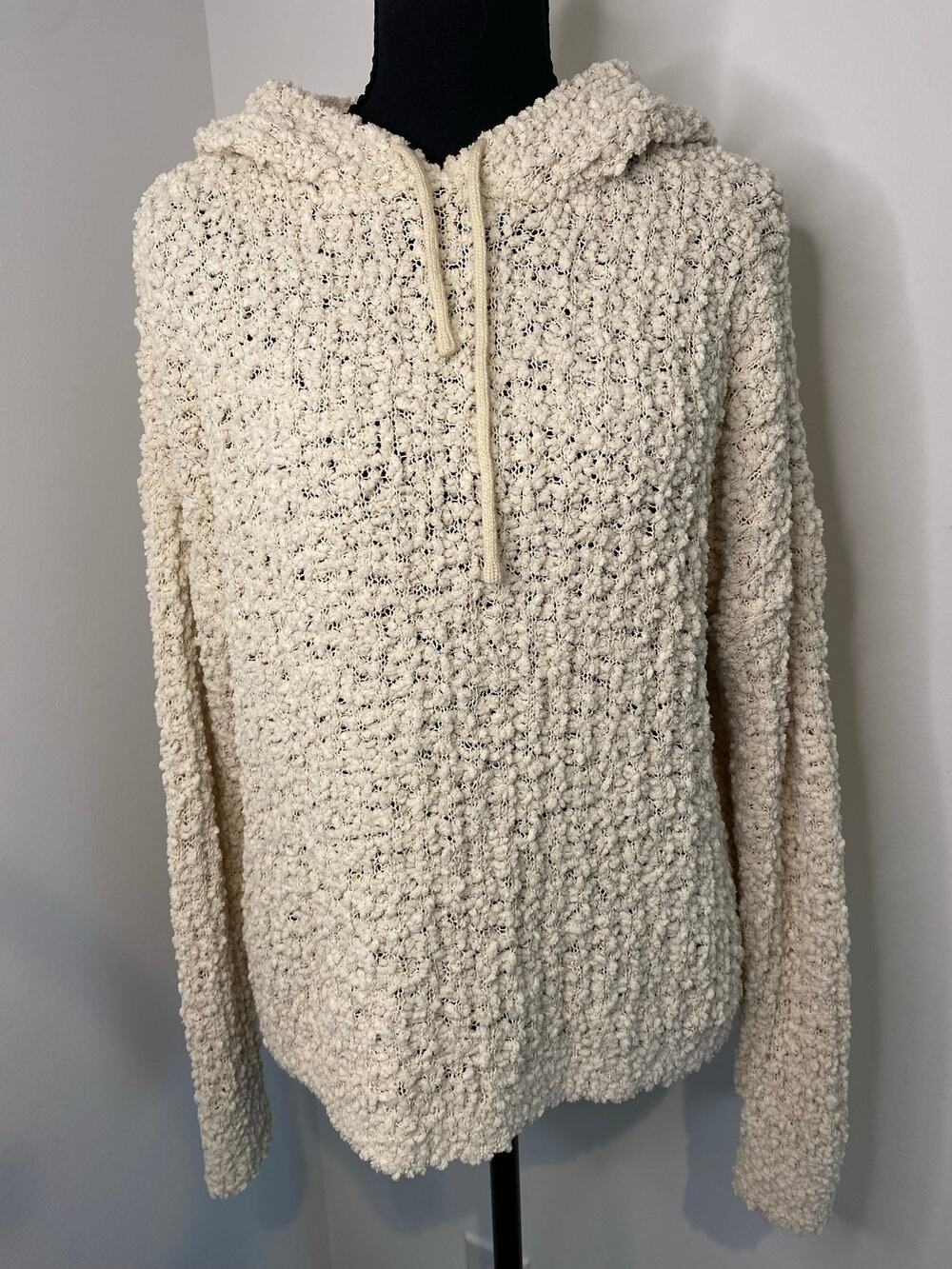 Hippie Rose Cream Textured Popcorn Knit Hoodie Size L Boho